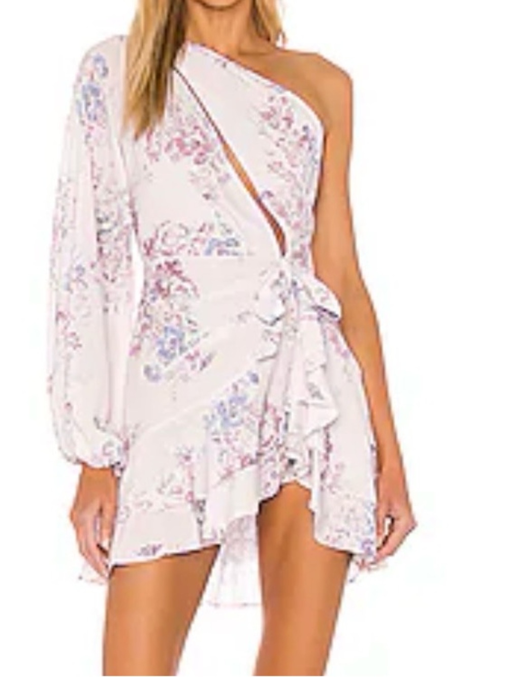 Michael Costello Cream Floral One-Shoulder Mini Dress